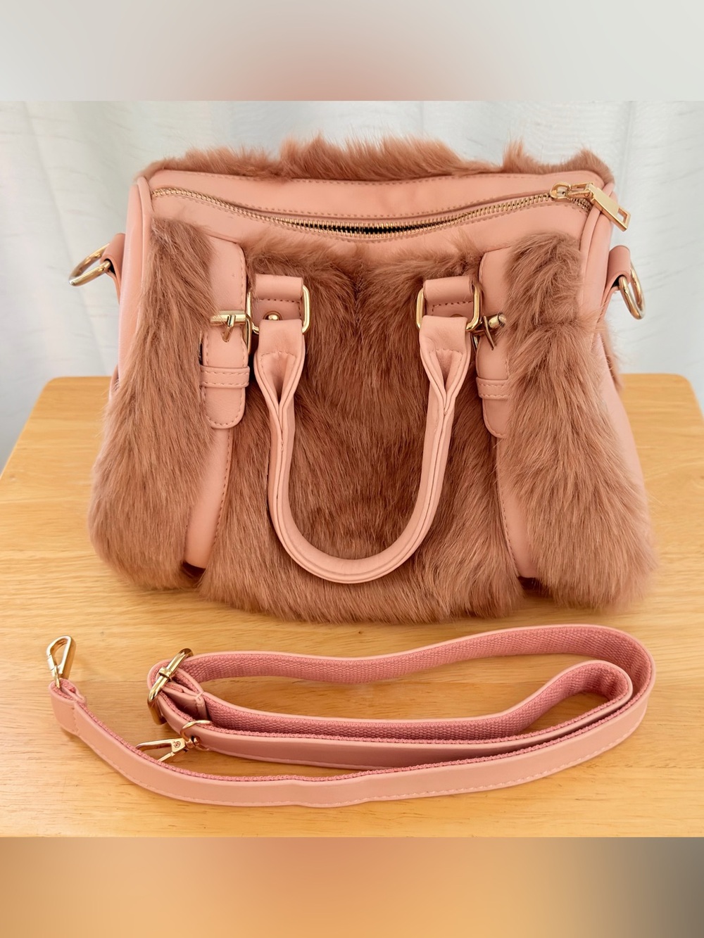 Pink Faux Fur Satchel Handbag Crossbody Purse Gold Hardware